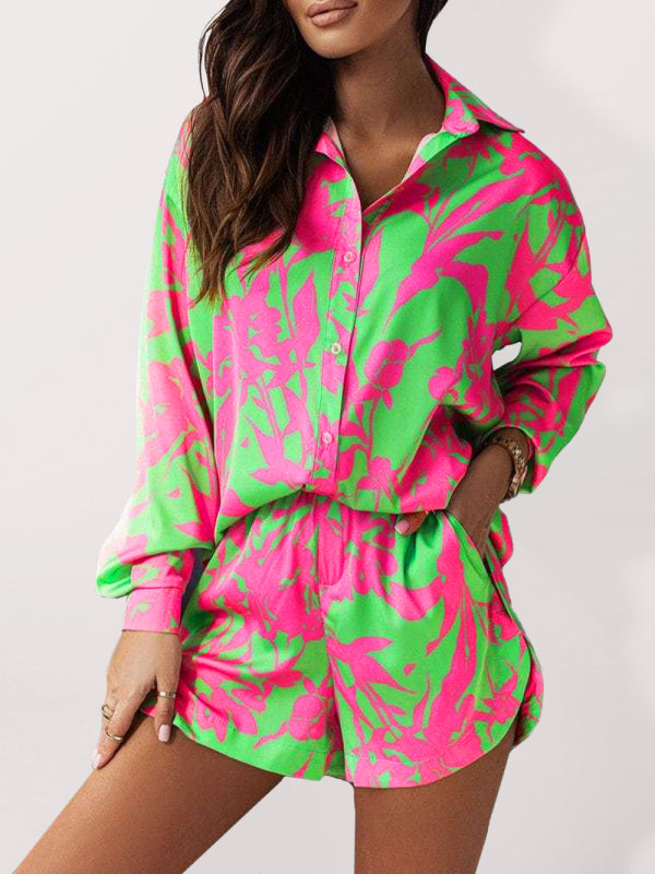 Women's Bright Printed Long Sleeve Notch Collar Top And Short Set - Snarky Goods