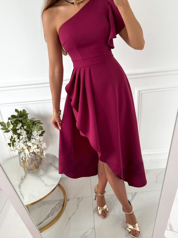 Women's Solid Color Elegant Slash Neck Slit Solid Color Dress - Snarky Goods